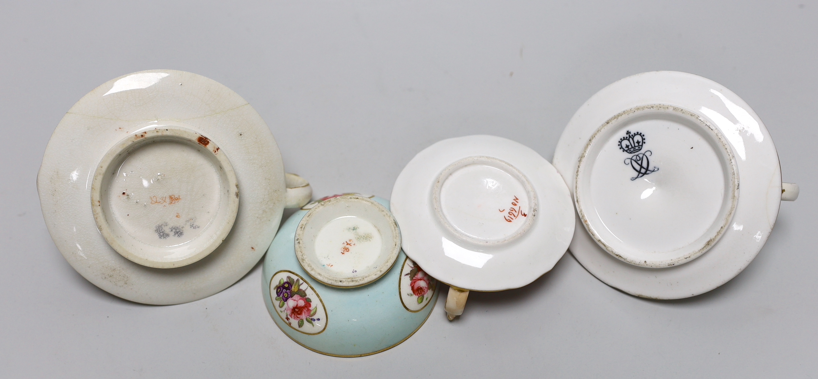 An early 19th century Derby taperstick with snuffer, painted with birds, probably by Horatio Steele, red mark, a Crown Derby taperstick painted with birds, black mark, a Derby small bowl and cover painted with oval panel